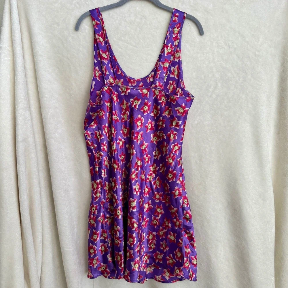 Vintage Go‎ Softly Purple Floral Slip Dress Nightgown Women L Large Satin Mini